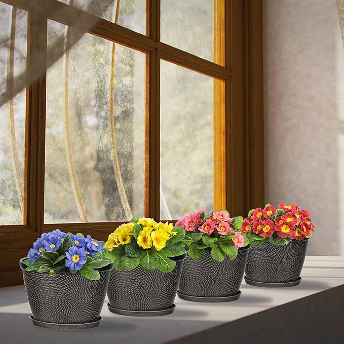 Quarut 4 Pack 6 Inch Flower Pots for Outdoor Indoor, Plastic Plant Pots with Drainage Hole & Saucer, Lightweight Small Flower Pot, Circle Pattern Planters for Garden House planters（Black Copper）-Ruum Studio Home
