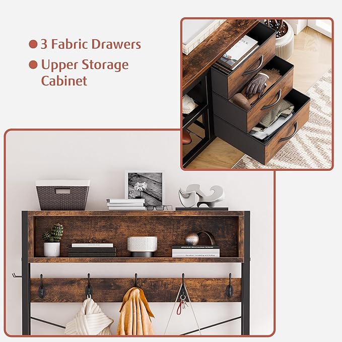 Lulive Hall Tree with Bench and Shoe Storage, 31.5" Coat Rack Freestanding with 2-Tier Storage Shelf, 6-in-1 Entryway Bench Coat Rack with 12 Hooks and 3 Drawers(Rustic Brown)-Ruum Studio Home