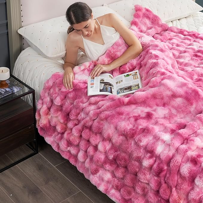 Cozy Bliss Faux Fur Throw Blanket for Couch, Fuzzy Soft Plush Thick Bubble Blanket for Sofa Bedroom Living Room, 60 * 80 Inches Tie Dye Pink-Ruum Studio Home