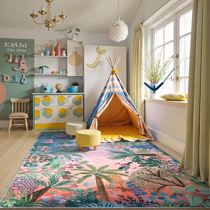 LIVEBOX Jungle Rugs 5x7 Kids Rugs for Bedroom Girls, Soft Lavender Rug for Nursery Baby Room, Non-Slip Girls Bedroom Rug, Machine Washable Purple Modern Dining Room Floor Carpet-Ruum Studio Home
