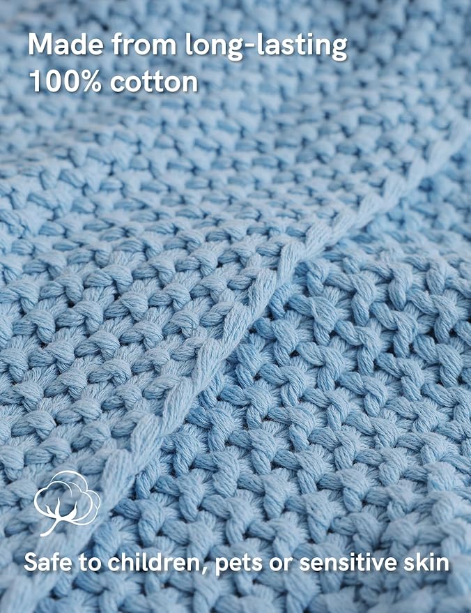 YnM Chunky Cotton Knit Throw Blanket, Cable Knit Throws for Bed Couch Sofa, Comfy & Relaxing, Decorative Piece for Farmhouse Modern Boho Rustic Scandinavian Chic Vibe, Aqua Blue 50x60 Inches-Ruum Studio Home