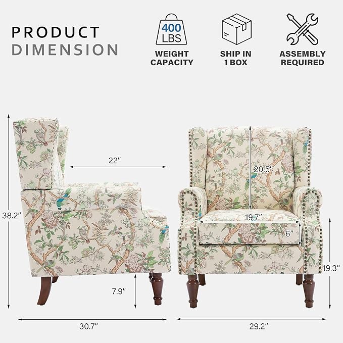 Lumibee Wingback Accent Chair, 2 Set High Back Floral Armchairs in Fabric,Comfy Upholstered Reading Single Sofa Chairs with Solid Wood Legs for Living Room,Bedroom,Office-Bird-Ruum Studio Home