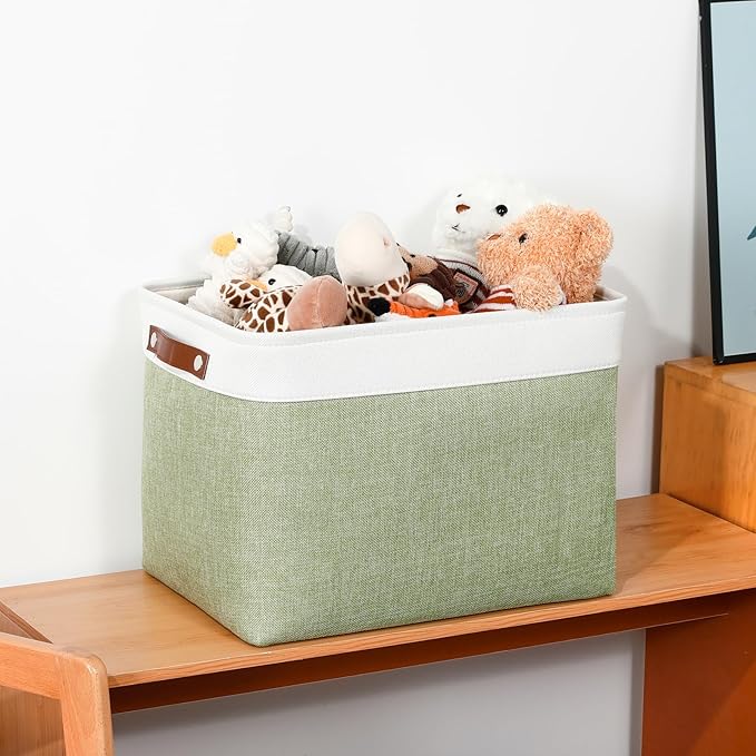 DULLEMELO 16 inch Fabric Storage Basket, Decorative Storage Boxes with Leather Handle for Closet Shelf Nursery, Collapsible Linen Storage Bins for Organizing Toys Book Towel Organizers(White&Green)-Ruum Studio Home