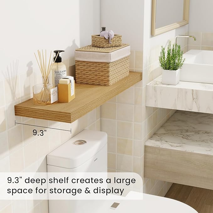 Fun Memories Floating Shelves for Wall, 32 Inch Rustic Wood Wall Mounted Shelves for Bathroom, Bedroom, Kitchen, Living Room, Deep Floating Shelves for Storage & Home Decor (Oak, Set of 2)-Ruum Studio Home