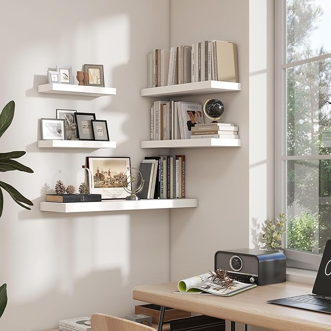 Heimlove 24 inch Floating Shelves for Wall,9.3 inch deep White Wood Shelves with Invisible Brackets,Wall Mounted Storage & Display Shelves for Bedroom,Living Room,Set of 2-Ruum Studio Home