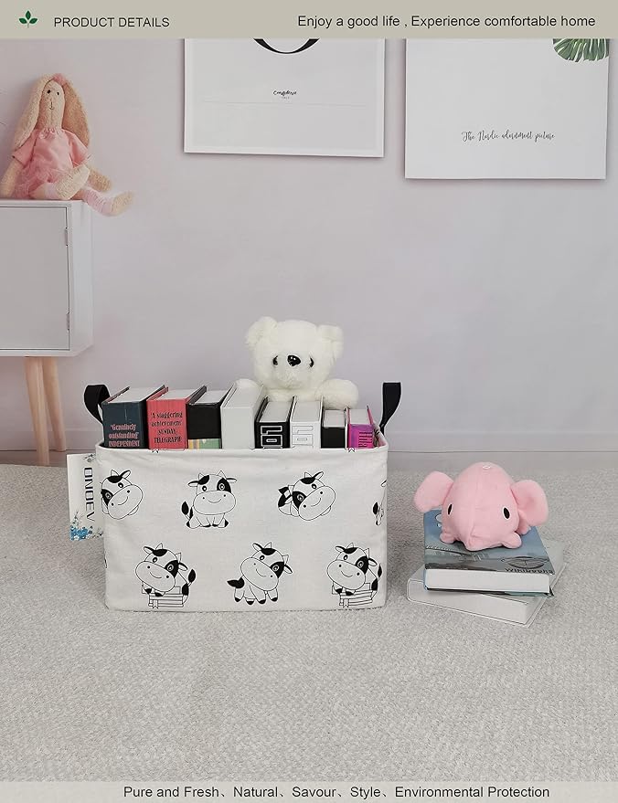 Rectangular Folding Laundry Basket,Canvas Basket,Nersury Hamper,Suitable for Children,Office,Bedroom,Clothes,Toys Storage (REC Cow), 14.9’’L ×10.2’’W×9.05’’H inches-Ruum Studio Home