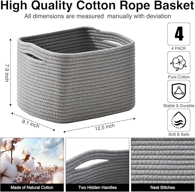 Small Storage Baskets for Shelves Organizing, Woven Cotton Rope Baskets for Storage, Book Basket, Decorative Shelf Basket, 12.5"Lx9.1''Wx7.9''H (4 Packs) Grey-Ruum Studio Home