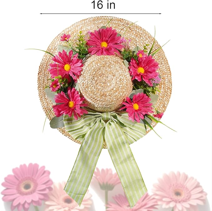 Dilicoming Spring Wreaths for Front Door - 16 Inch Spring Summer Hat Wreath with Artificial Flower, Gift for Women, Indoor Outdoor Wreaths for Wall, Window, Farmhouse, Party, Holiday Home Décor-Ruum Studio Home