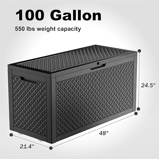 100 Gallon Resin Deck Box, Lockable Outdoor Storage Box for Patio Cushions Storage Furniture,Garden Tools, Pool Supplies, Weatherproof and UV Resistant（Black L）-Ruum Studio Home