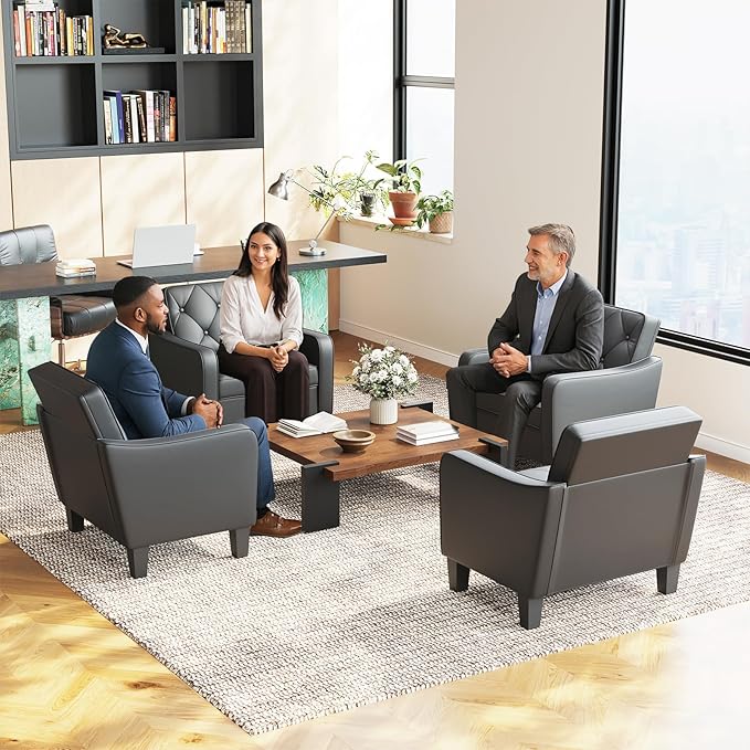 STHOUYN Living Room Chairs Black Leather Accent Chairs Set of 2, Waiting Room Arm Chairs, Reading Chairs for Bedroom Comfy Club Chair Tufted, Office Small Space (2, Black)-Ruum Studio Home