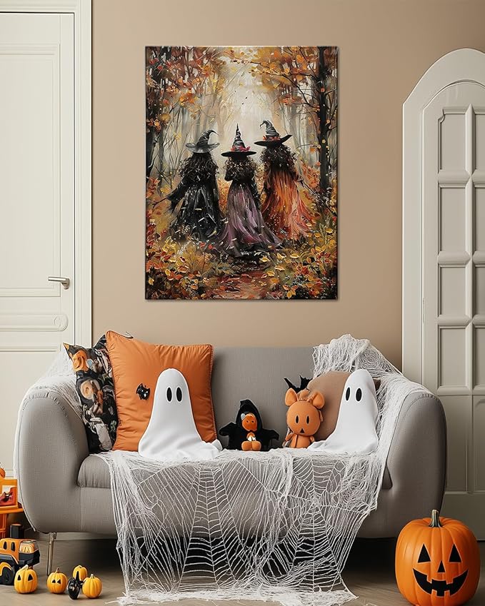 Halloween Canvas Wall Art, Vintage Three Witches Poster, Gothic Dark Academia Wall Decor, Spooky Halloween Decor for Living Room, Bedroom & Bathroom, Framed Fall Decorations Indoor-Ruum Studio Home