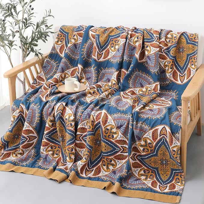 Snycler Boho Throw Blanket for Bed - 100% Cotton Ultra Soft Rustic Quilt Blanket Orange Green Printed Farmhouse Decor Bed Blankets, 80"×90" All Season Rustic Throw for Sofa Couch Chair-Ruum Studio Home