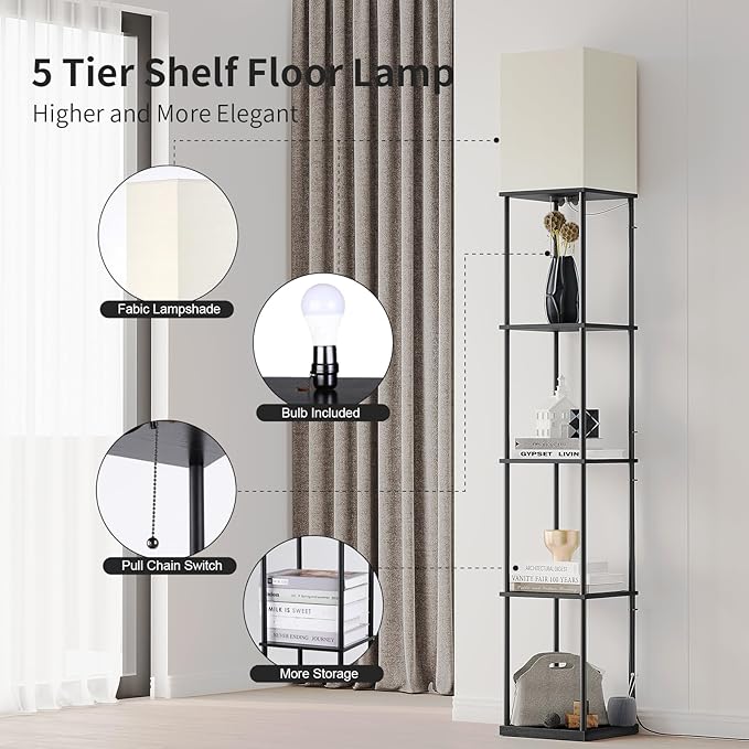 SUNMORY 5 Tier Floor Lamp with Shelves, Modern Square Standing Lamp with 3 Color Temperature Bulb, Corner Display Bookshelf Lamp for Living Room and Bedroom, Tall Shelf Floor Lamp-Ruum Studio Home