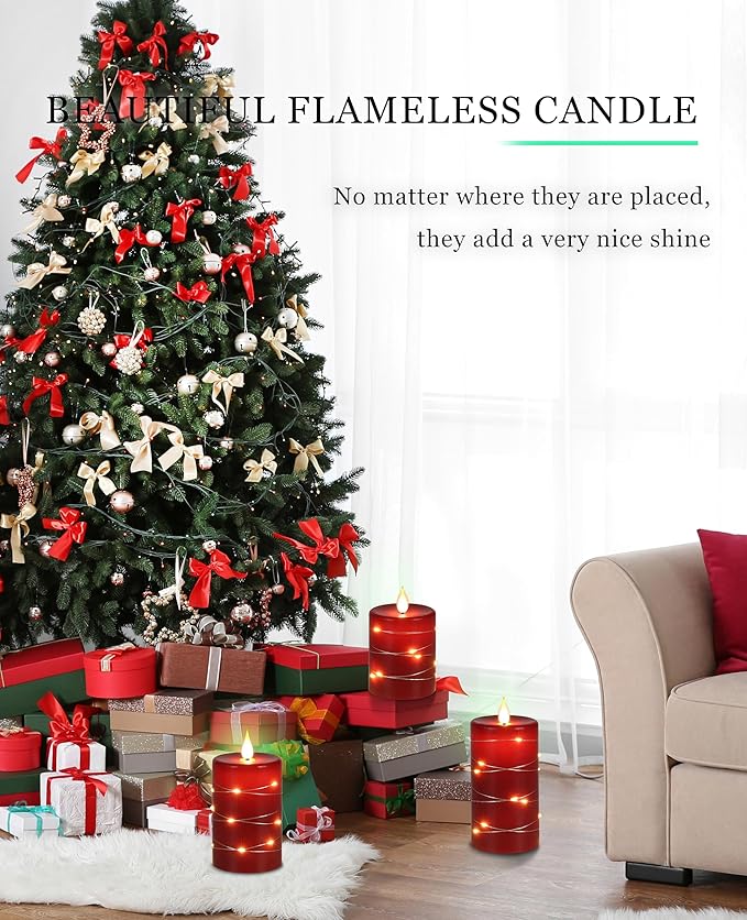 Red flameless Candles with Remote Control Timer Battery Operated LED Pillar Candles 4‘’ 5‘’ 6‘’ Fake Candles with String Lights Set of 3 for Christmas or Special Festivals Decorations-Ruum Studio Home