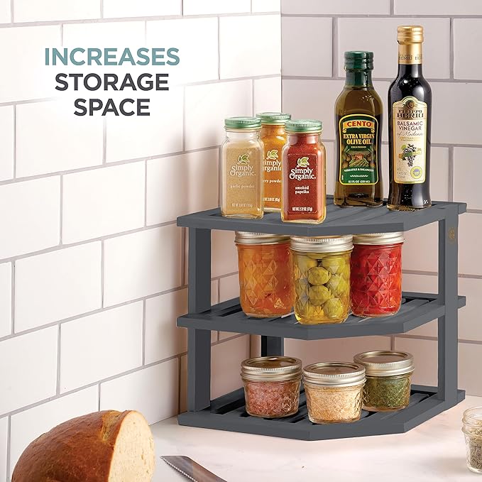 Cabinet Organizer Shelf - Bamboo Corner Rack for Kitchen Counter, Cabinet Space Saver for Plates, Dishes, Bowls, Bread Pantry, Bathroom Storage or Countertop Stand, Grey-Ruum Studio Home