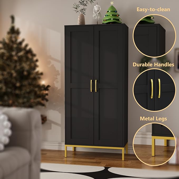 Tall Storage Cabinet, Kitchen Pantry Cabinet with 2 Doors & Adjustable Shelves for Laundry Room, Living Room, Entryway,Bathroom,Black-Ruum Studio Home
