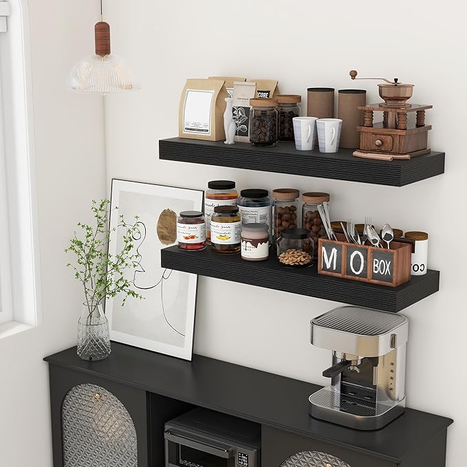 Deep Floating Shelves for Wall, 12'' Deep Large Floating Shelves Set of 2, 36 Inch Distressed Black Wood Shelves for Living Room Bathroom Laundry Room Bedroom Kitchen Home Office - Black-Ruum Studio Home