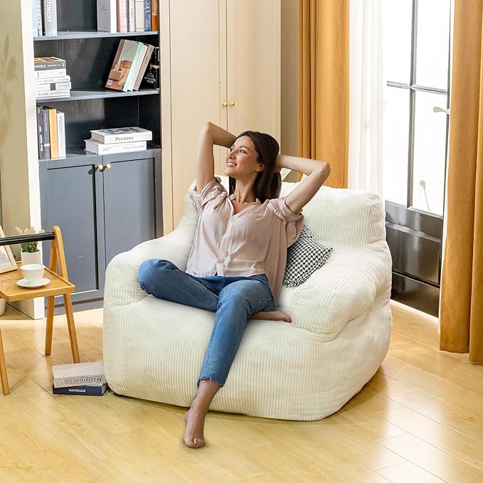 Bean Bag Chair for Adults - Faux Fur, Fluffy and Comfy with Filler, Big Sofa for Reading, Gaming (Beige, Oversize)-Ruum Studio Home