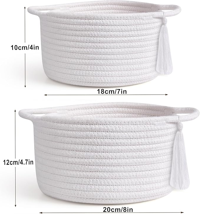 Empty Gift Basket Mini Woven Rope Organizer Baskets for Baby Shower, Vanity, Makeup, Bathroom, Tiny Toys, Desk - Small Decorative Storage Bins - Set of 2, Pre-Shaped, White-Ruum Studio Home