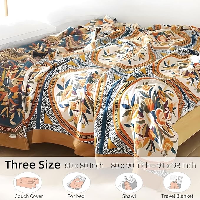 Boho Throw Blanket for Bed - 100% Pure Cotton Ultra Soft Rustic Quilt - Farmhouse Decor Bed Blankets, All Season Rustic Throw for Sofa Couch Chair(80''x 90'', Floral)-Ruum Studio Home