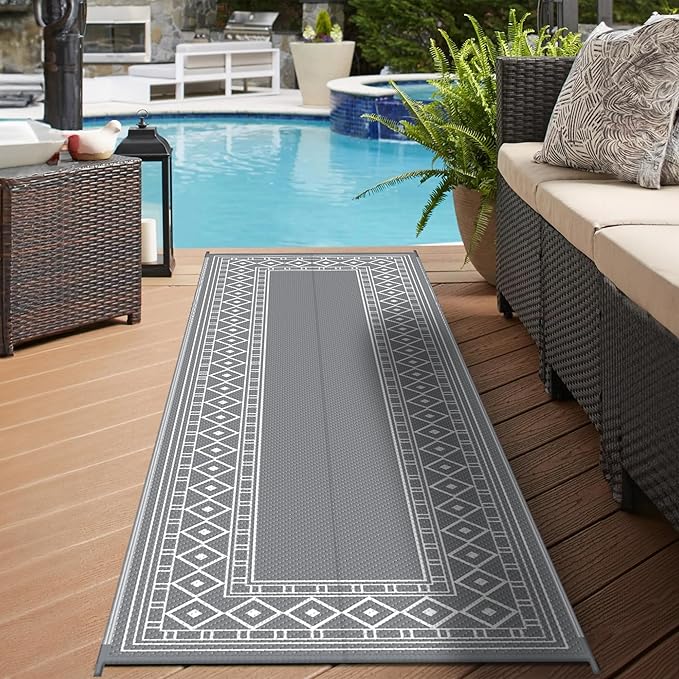 GENIMO Outdoor Rug Waterproof for Patio, 2.5'x8' Foldable Reversible Plastic Straw Runner Rugs and Carpet for Porch, Outside Area Mat for Rv, Deck, Picnic, Camper, Balcony, Beach, Grey & White-Ruum Studio Home
