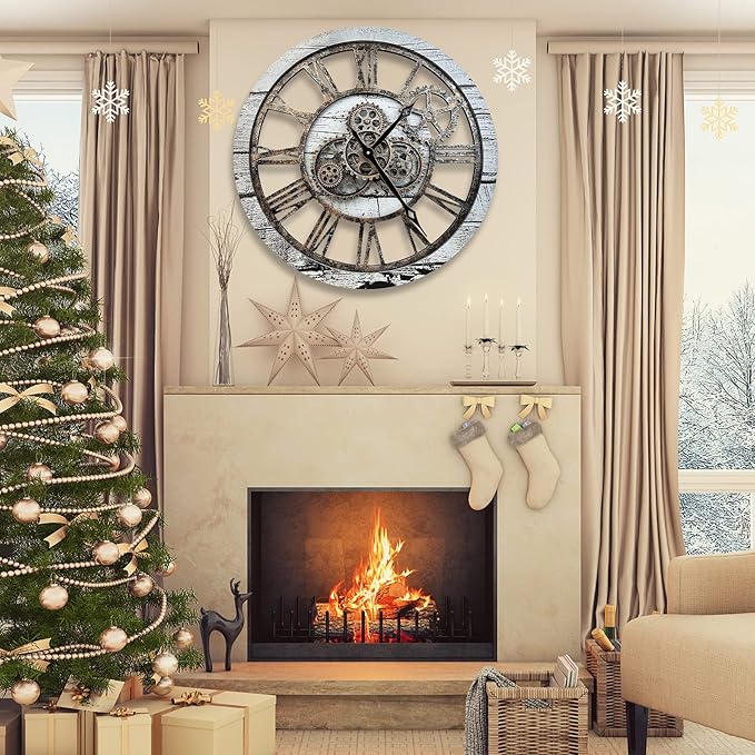 The B-Style Large Wall Clock 24 inch Moving Gear Wall Clock Oversized Vintage Farmhouse Wall Clocks for Living Room Decor Rustic Industrial Wood Clock (Gray and White)-Ruum Studio Home