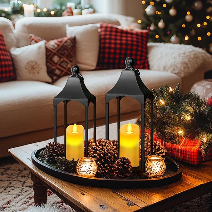 Eufrozy Lanterns Decorative Outdoor Indoor Set of 2 Black Metal Candle Lanterns with Flameless Candle, Modern Farmhouse Lantern Decor for Porch Patio Fireplace Mantle Kitchen Table Christmas Gifts-Ruum Studio Home
