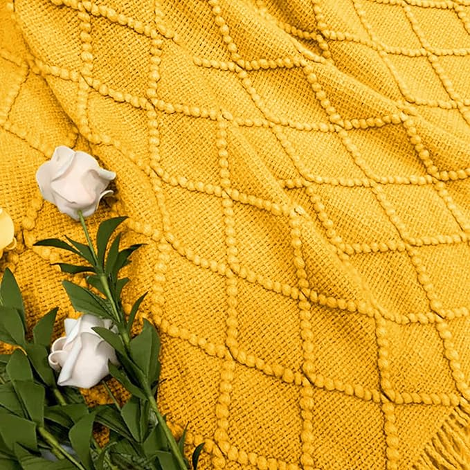 inhand Knitted Fall Throw Blanket for Couch and Bed, Knit Fall Decor Halloween Blanket with Tassel, Mustard Yellow Lightweight Decorative Farmhouse Warm Woven Blankets and Throws for Women, 50"x60"-Ruum Studio Home