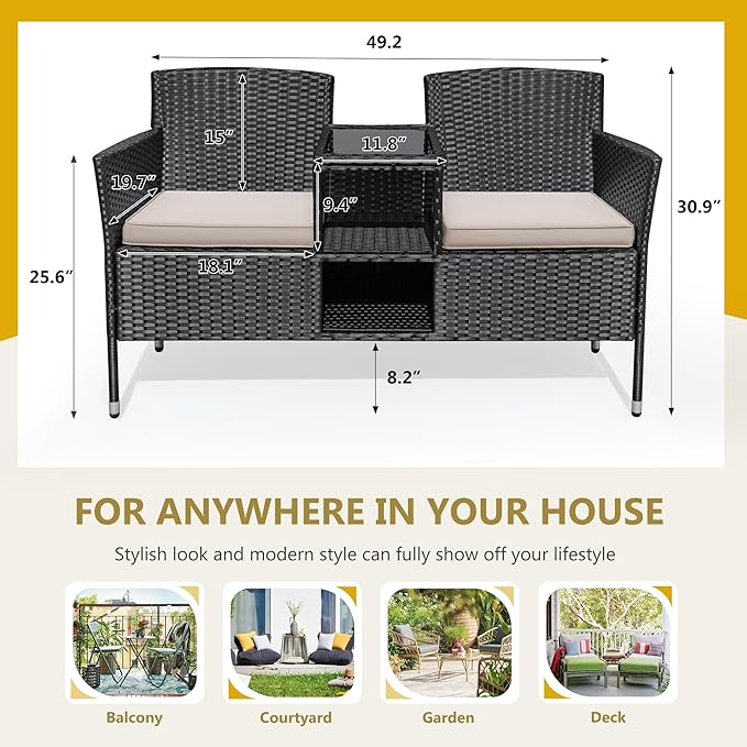 Flamaker Outdoor Furniture Patio Loveseat Wicker 2-Seat with Built-in Table and Cushions Rattan Porch Chairs Bench for Balcony, Lawn, Backyard (Beige)-Ruum Studio Home