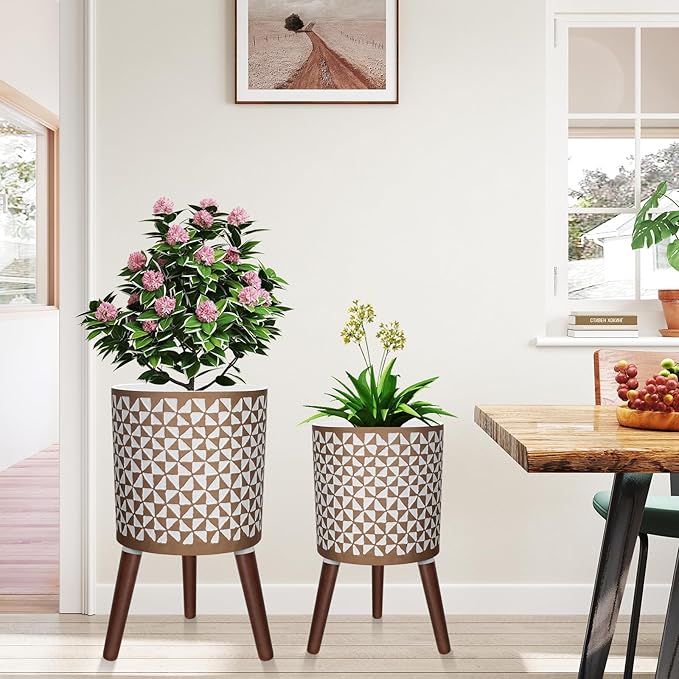 10 & 12 Inches Plant Pot with Stand, Large Modern Standing Planters for Indoor Outdoor Plants with Drainage Holes, Big Gold Floral Embossed Flower Pots with Legs-Ruum Studio Home
