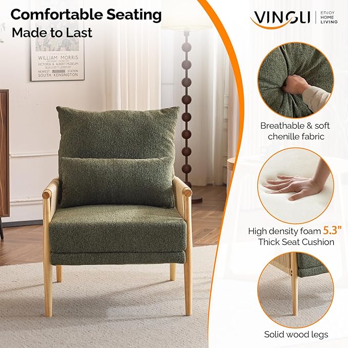 VINGLI Boho Braid Accent Armchairs Set of 2,Mid-Century Modern Chiars with Solid Wooden Armrest,Comfy Louge Cushion Chairs with Waist Pillow for Bedroom,Living Room,Reading Room, Dark Green-Ruum Studio Home