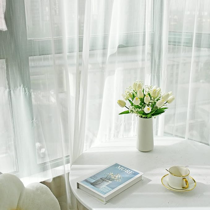 Mandy's Artificial Tulips 20 Stems White with 3pcs White Baby's Breath PU Faux Flowers for Wedding Home Decor 13.5 Inch-Ruum Studio Home