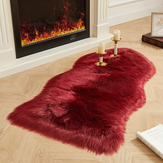 AMTOVO Faux Fur Rug, Burgundy Area Rug, Fluffy Sheepskin Rug, Fuzzy Ultra Soft 2 x 4 ft Shag Rugs for Bedroom Sofa Throw Cushion Room Decor, Sheepskin-Ruum Studio Home
