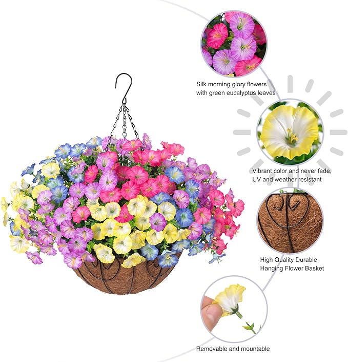 Artificial Faux Hanging Plants Flowers Basket for Outdoors Spring Summer Decoration, Silk Morning Glory Eucalyptus Look Real UV Resistant Fake Flowers for Porch Outside Patio Balcony Yard Home Garden-Ruum Studio Home