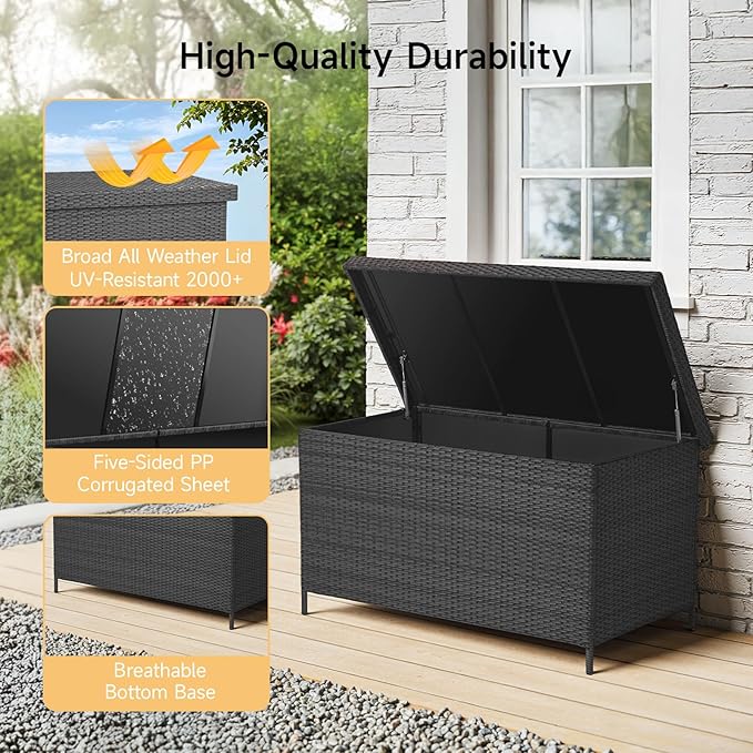 158 Gallon XL Deck Box with Lid, All Weather Wicker Outdoor Storage Box Waterproof, Large Outdoor Patio Storage Bin for Cushions, Garden Tools, Gears, Pool Accessories, Black-Ruum Studio Home