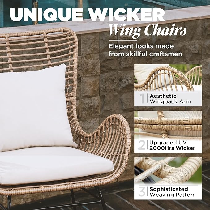 IDZO Isabelle Upgraded 2000 Hours UV Wicker Chairs Outdoor Set of 2, 500 lbs Capacity Outdoor Patio Chair, All-Weather Club Chair with Water-Resistant Olefin Cushions, Boho Style, Beige-Ruum Studio Home
