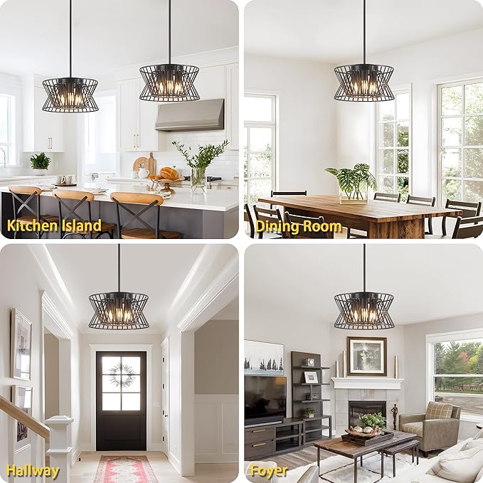 3-Lights Black Pendant Light Vintage Geometric Chandelier Light Fixture Adjustable Metal Lighting Fixtures for Kitchen Room Dining Room Foyer-Ruum Studio Home