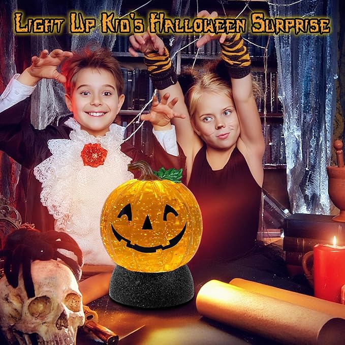 Halloween Snow Globe Lantern Pumpkin Lighted Halloween Snow Globes Battery Operated or USB Powered with 6H Timer Musical Snow Globe Glitter for Spooky Party Home Table Decorations (Pumpkin)-Ruum Studio Home