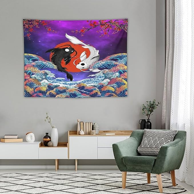Houselerax Japanese Koi Fish Tapestry, Yin Yang Big Wave Cherry Blossom Tapestries Wall Hanging for Bedroom Living Room Office Decor 40"x30"-Ruum Studio Home