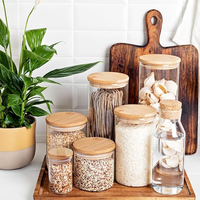 15oz Glass Food Storage Jars, Glass Jars with Bamboo Lids, Kitchen Storage Jars, Set of 6, Canisters with Airtight Lids for Spice, Coffee, Cookie, Pantry Organizers-Ruum Studio Home