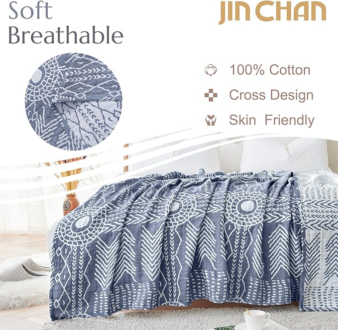 jinchan Boho 100% Cotton Muslin 50x60 Throw Blanket Lightweight 3-Layer Blue Blanket Washable Reversible Breathable Decorative Geometric Striped Patterned Soft Cozy for Sofa Bed All Season Gift-Ruum Studio Home