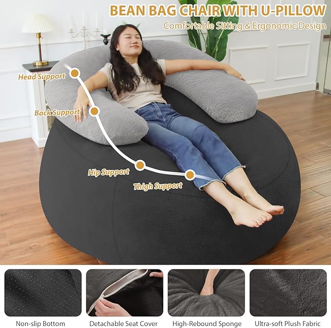 HABUTWAY Bean Bag Chair with U-shaped Pillow for Adult and Kids Big BeanBag Chair with Filling Ultra Soft Faux Fur Couch Chair with Washable Cover for Living Room Bedroom Office, Dark Grey& Light Grey-Ruum Studio Home