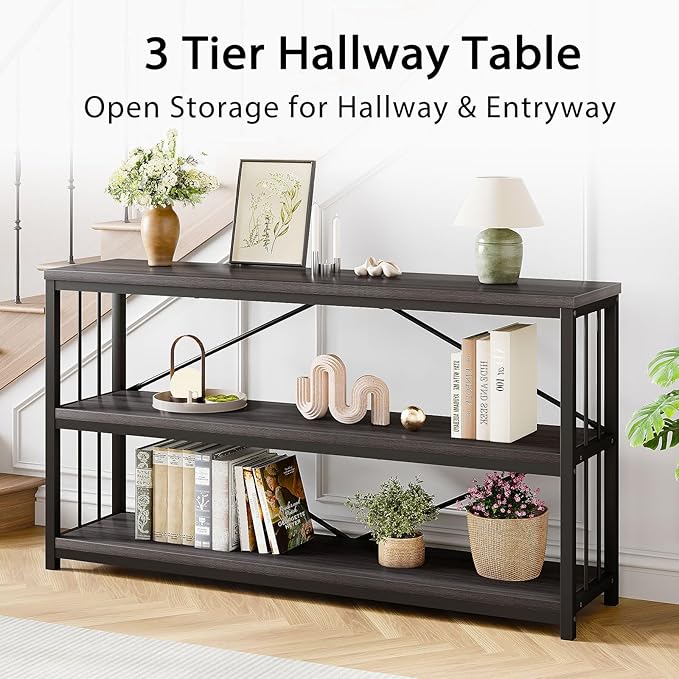 LVB Industrial Console Table, Metal and Wood Sofa Table, Rustic Entryway Table with Storage, Modern 3 Tier Shelf Long Foyer Tables Behind Couch for Home Living Room Hallway, Dark Gray Oak, 55 Inch-Ruum Studio Home