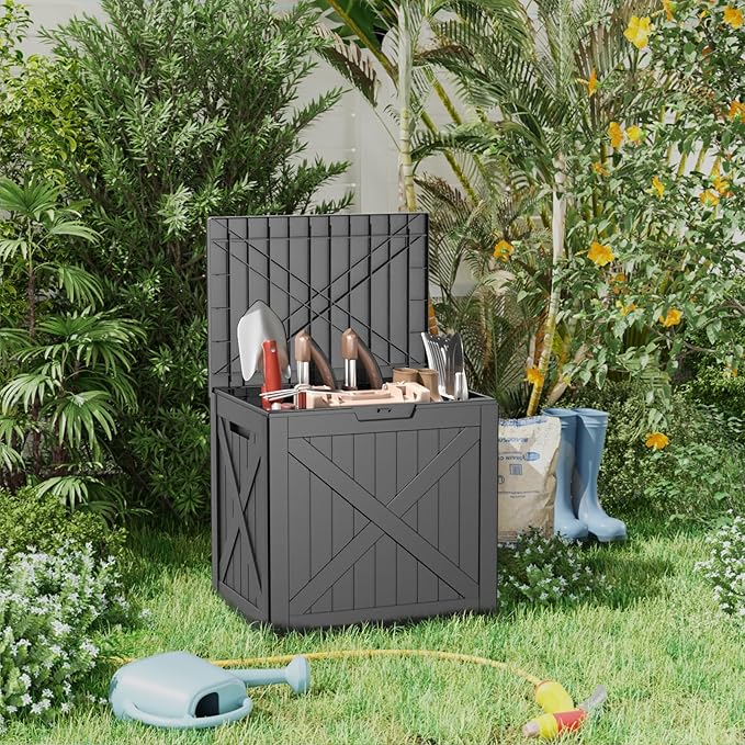 32 Gallon Deck Box Large Outdoor Storage for Patio Furniture,Outdoor Cushions,Garden Tools and Pool Supplies,Waterproof,Resin,Lockable(Black)-Ruum Studio Home
