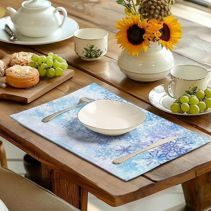 Blue Snowflake Winter Placemats Set of 4 Xmas Snow Place Mat Merry Christmas Linen Fabric Table Mats Washable Heat Resistant Placemat for Farmhouse Kitchen Dining Party Decoration-Ruum Studio Home