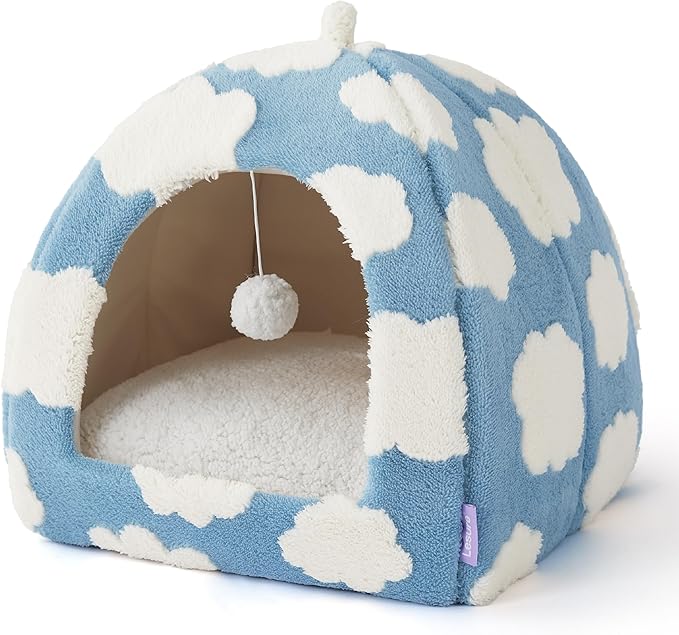 Lesure Cute Cat Beds for Indoor Cats - 2 in 1 Large Cat Cave Bed for Puppy and Small Dog with Removable Washable Cushioned Pillow, Cozy Kitten Tent with Non-Slip Bottom, Blue, 17.3 inches-Ruum Studio Home