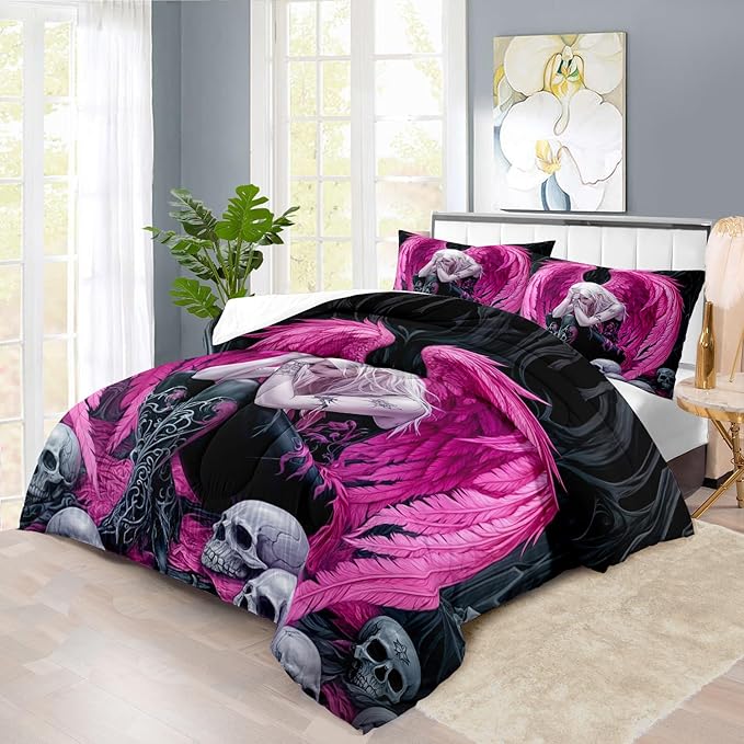 Gothic Skull Comforter Set King for Adults,Angel Wings Bedding Set Pink for Girls,Sexy Angel Comforter Bedroom Decor Teen,Gothic Skull Bedding Decor Pink Wings Quilt-Ruum Studio Home