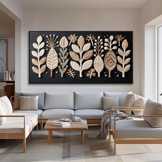 Large Boho Black Wall Art For Living Room Chic Home Wall Art Modern Multicolor Leaves Feather Canvas Wall Art Decor Picture For Bedroom Apartment Kitchen Home Wall Decor 29" X 58" With Framed-Ruum Studio Home