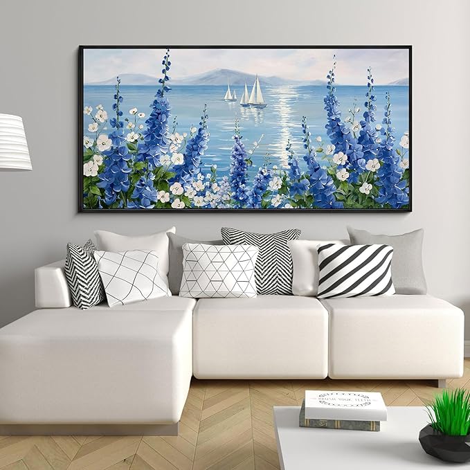 XLSJERST Large Sailboat Wall Art - Blue Canvas Abstract Painting Textured Picture Artwork Vintage Nautical Flower Painting Coastal Modern Print 24"x48" Frame for Living Room Office Home Decoration-Ruum Studio Home