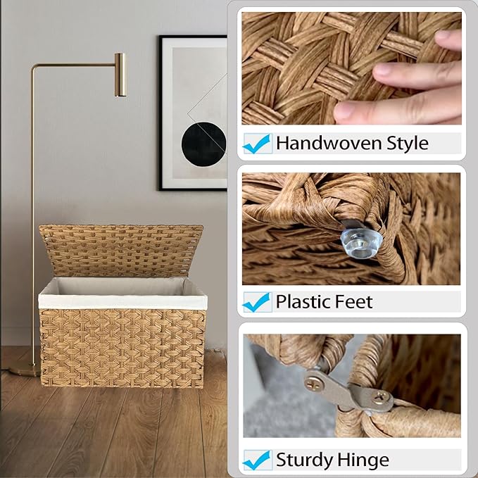 Wicker Storage Basket with Lid, 42.3 Gallon (160L) Large Blanket Basket with Lid, Woven Storage Bin with Handles, Removable Liner, Metal Frame, Foldable, for Bedroom, Laundry Room, Natural-Ruum Studio Home